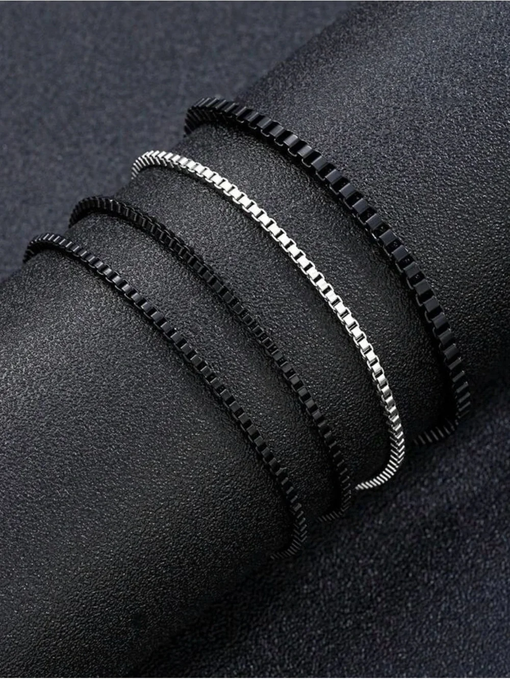 Men's Black and Silver Stainless Steel Box Chain Bracelet Set